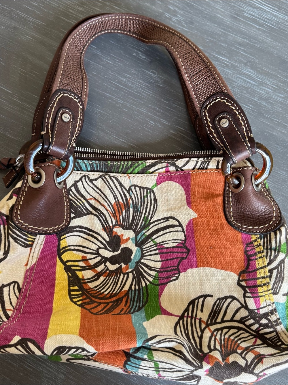 Fossil Vintage Floral Canvas & Leather Shoulder Bag / Satchel ZB2855 Multi-Color